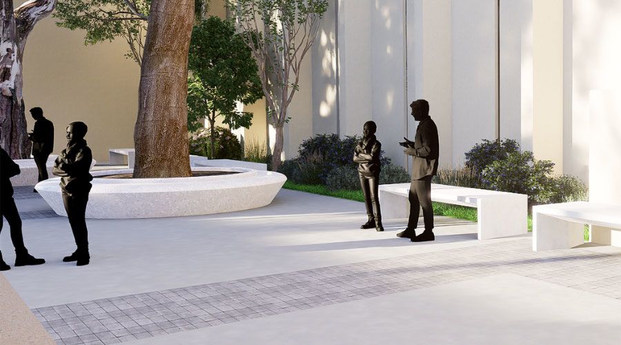 Close=-up of benches in new entrance plaza